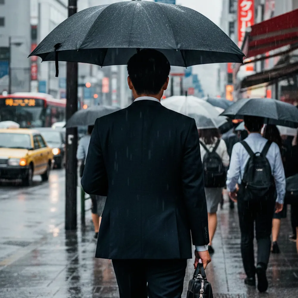 傘をさして歩く男性