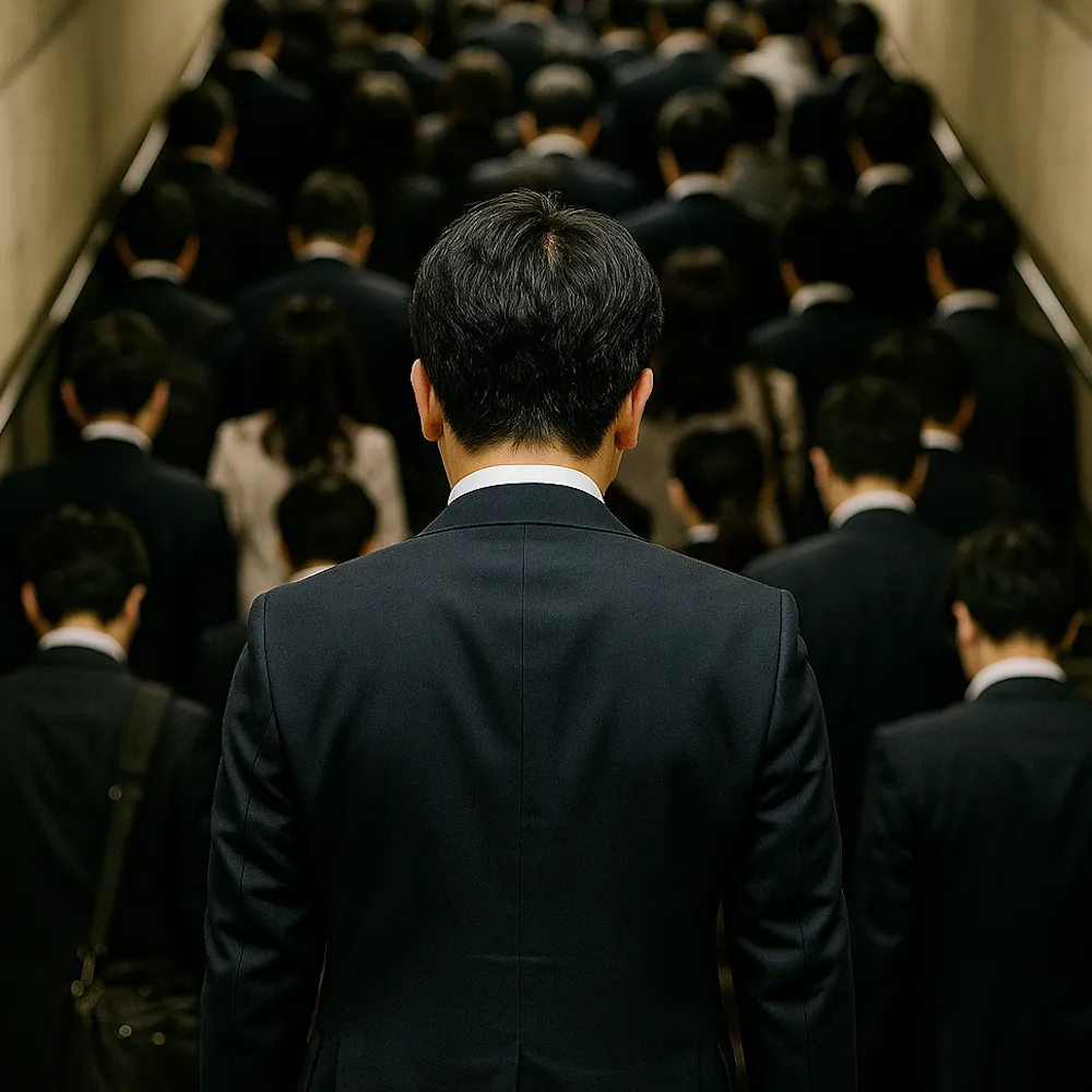 階段で身動きが取れない男性