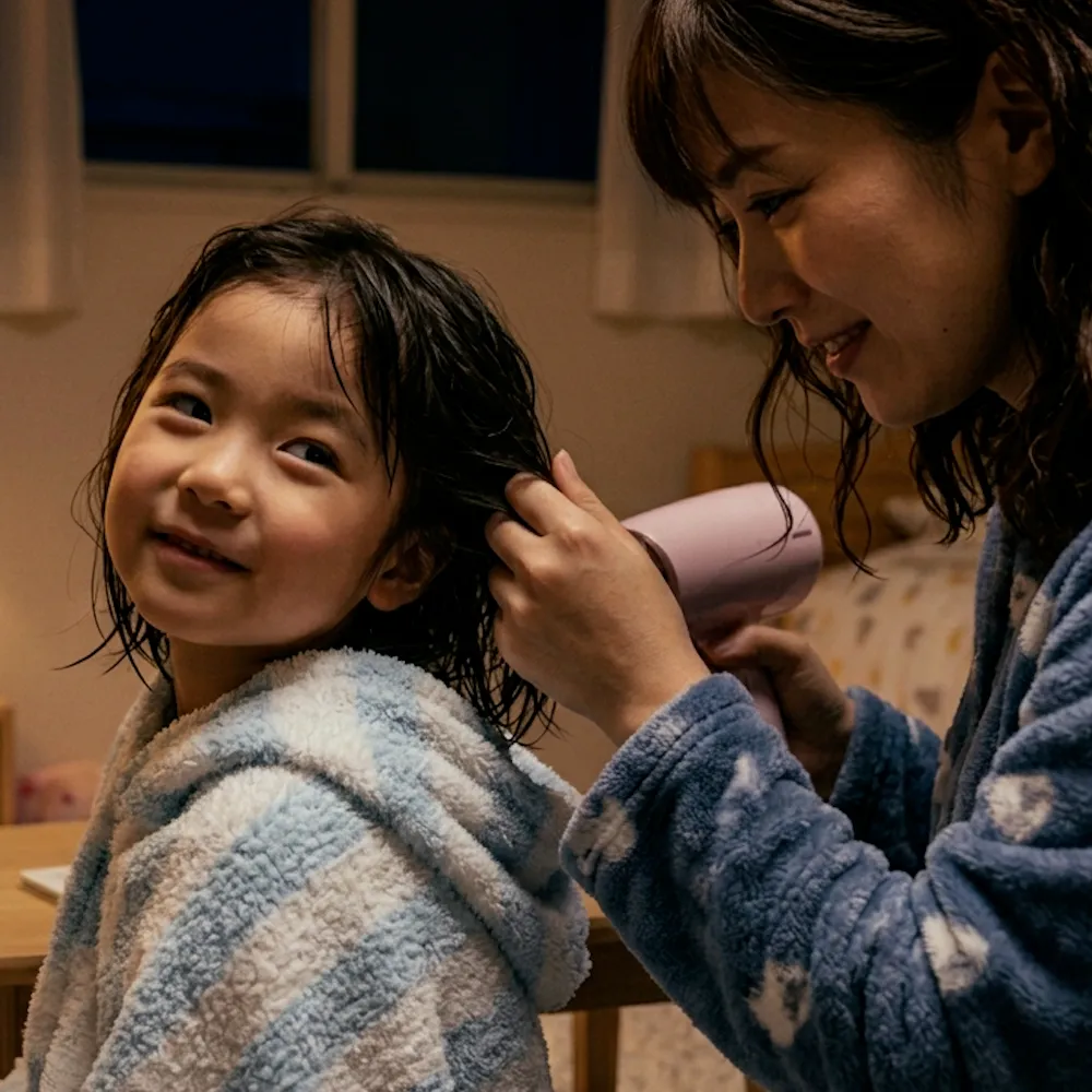 子どもの髪をドライヤーで乾かしている様子