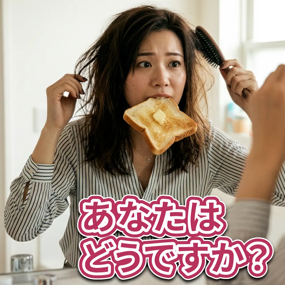 鏡の前でパンを咥えている女性